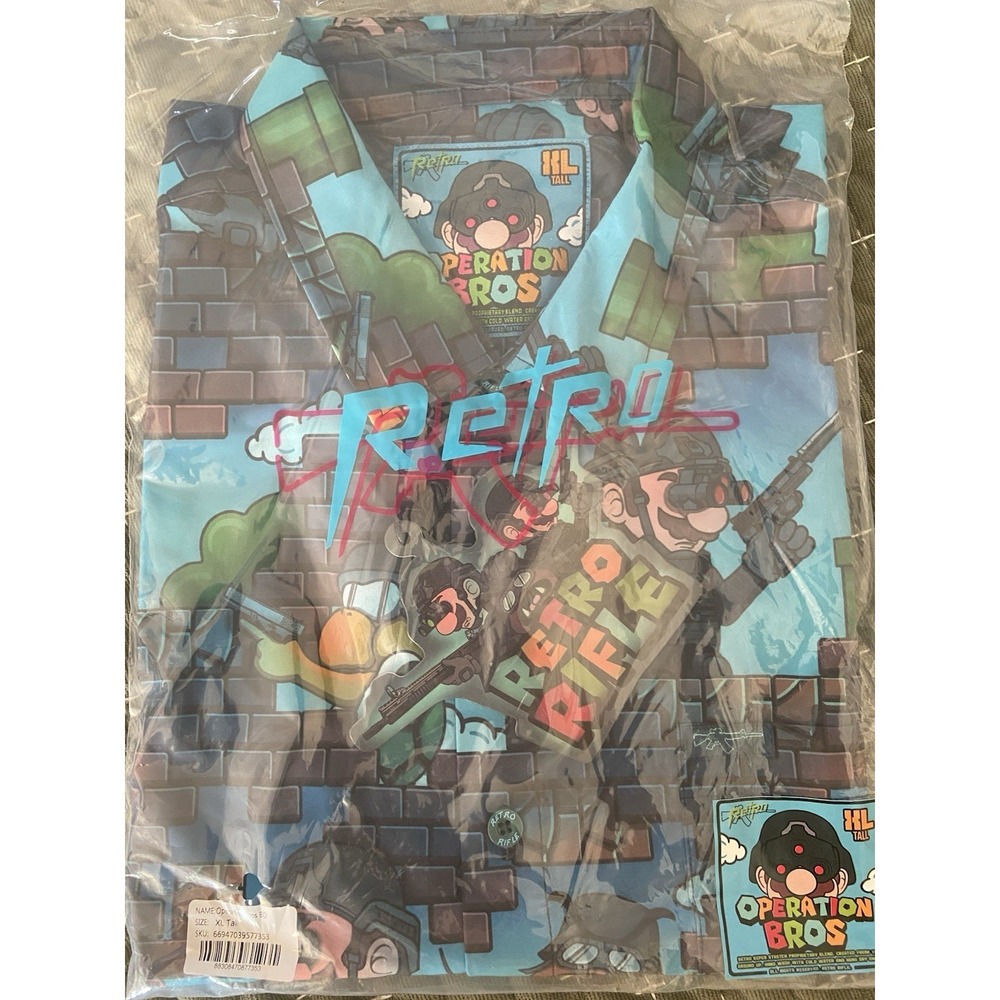 Retro Rifle "Operation Bros" Mario Theme Button Down‎ Shirt -  Men's- XL Tall - Picture 4 of 4